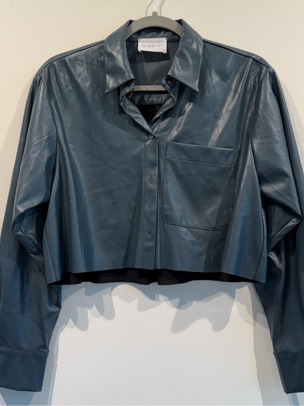 Cropped Faux Leather Shirt Jacket - Slate Blue